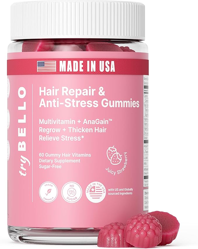Anti-Stress & Hair Growth Gummies for Women | Sugar-Free, Vegan Hair Supplements | Gluten-Free, Soy-Free, Dairy-Free Gummy Vitamins for Thicker, Healthier Hair | 30 Servings