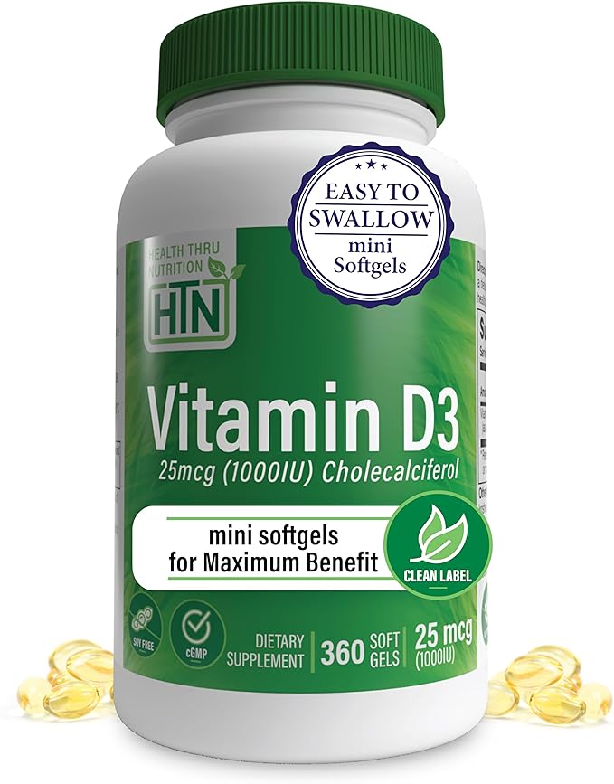 Health Thru Nutrition Vitamin D3 1,000iu 360 Mini Softgels for Maximum Benefit | 25mcg Cholecalciferol | 3rd Party Tested | Non-GMO USP Grade in Organic EVOO | Immune Health Support