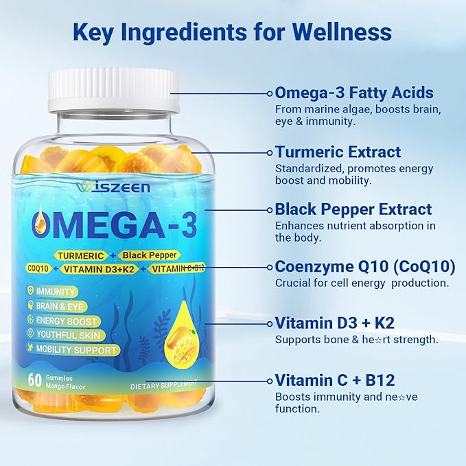 Omega 3 Gummies Vegan Fish Oil Gummies with Turmeric + CoQ10 + Vitamin C D3 K2, Fish Oil Omega 3 Supplements for Women & Men with Algae DHA & EPA for Brain & Immune Support, Sugar Free, 60 Cts