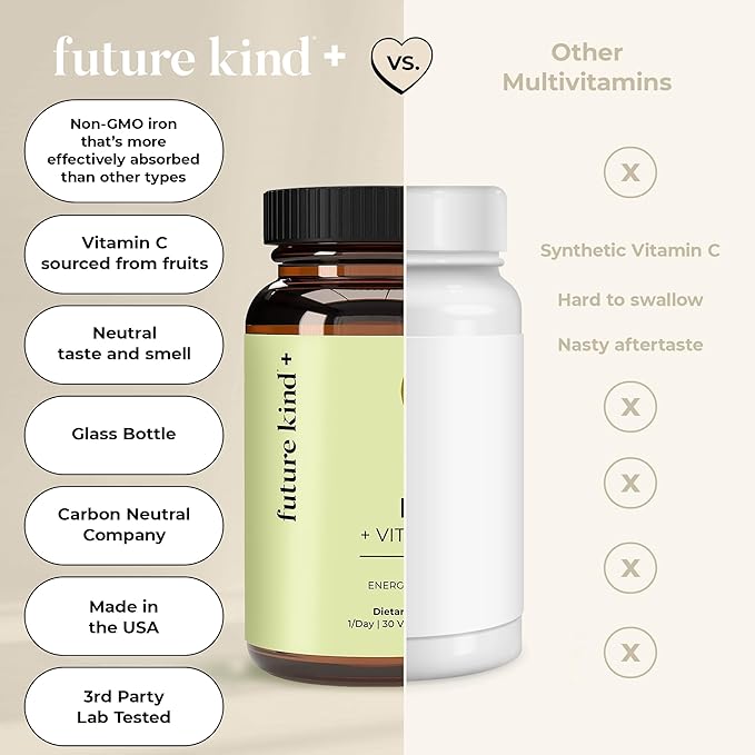 Future Kind Vegan Iron Supplement for Men & Women with Vitamin C for Energy, Focus and Immunity Support - 30-Day Supply, One Capsule a Day (30ct in Glass Bottle)