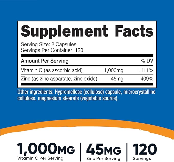 Nutricost Vitamin C with Zinc Capsules, 120 Servings - 1000mg, 45mg Zinc, Non-GMO, Gluten Free Vitamin C Supplement