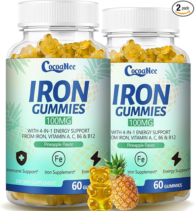 2 Pack 100MG Iron Supplements Gummies for Women & Men - Vitamin C, A, B12 - Complex, Improve Absorption, Energy Boost, Iron Deficiency, Anemia for Adults & Kids - Complex Folate, Zinc, 120Cts