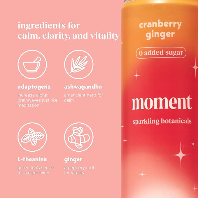 Moment Botanical Soda Soft Drink (Shark Tank) - SPARKLING Non Alcoholic Drinks | Cranberry Ginger | L-Theanine & Ashwagandha for Calm & Clarity | 0 Added Sugar 0 Caffeine | 12-pack