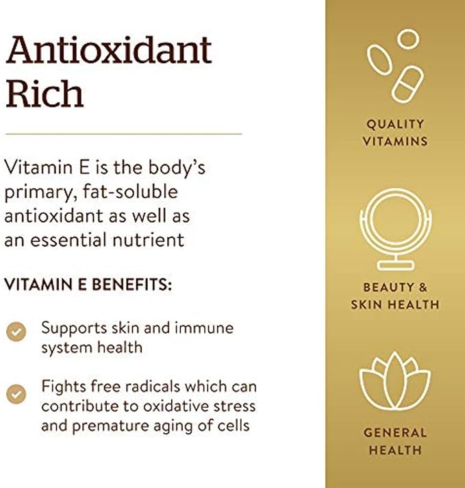 Solgar Vitamin E 268 mg (400 IU), 250 Mixed Softgels - Natural Antioxidant, Skin & Immune System Support - Naturally-Sourced Vitamin E - Gluten Free, Dairy Free - 250 Servings