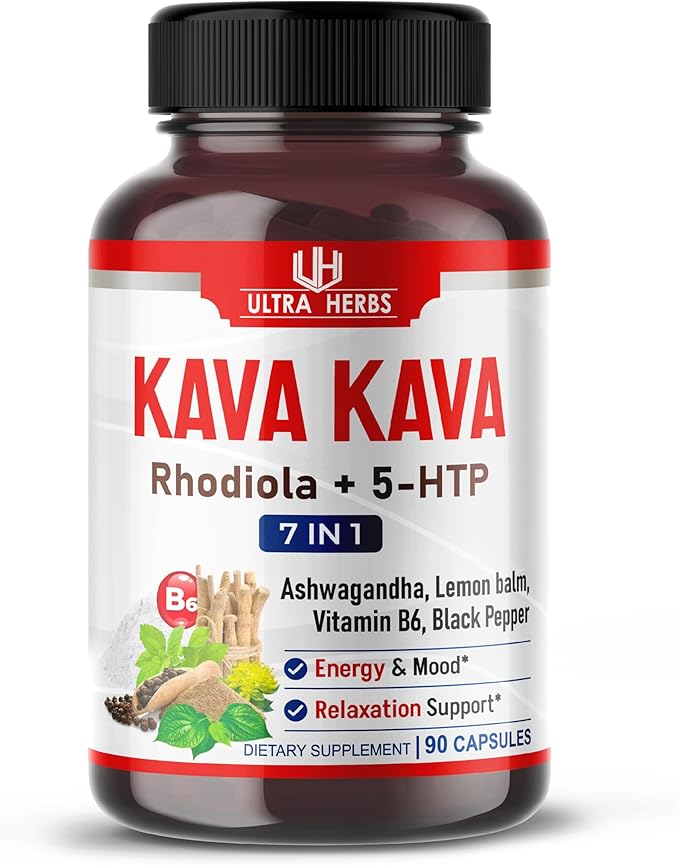 Kava Kava Capsules Supplement - Formula Enriched with Ashwagandha, 5-HTP, Rhodiola, Lemon Balm, Support Mood, Calm & Relaxation | 90 Capsules