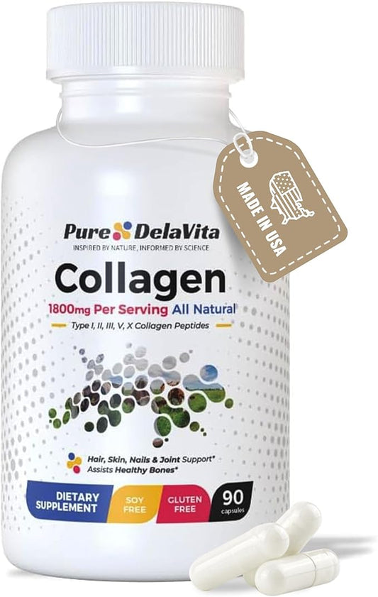 Complete Collagen Capsules for Women – 1800mg, Types I, II, III, V, X for Hair, Skin, Nails, Joints & Bone Health, High Absorption, Anti-Aging, Non-GMO, Gluten-Free, 90 Capsules