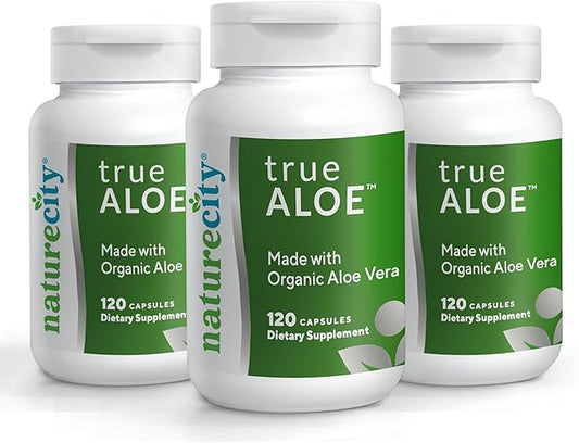 NatureCity True-Aloe 80,000mg Aloe Vera Gel Equivalent Per Serving– Made with Organic Aloe Vera (360 Capsules) Digestive, Skin and Joint Support|Small Easy-to-Swallow Pills