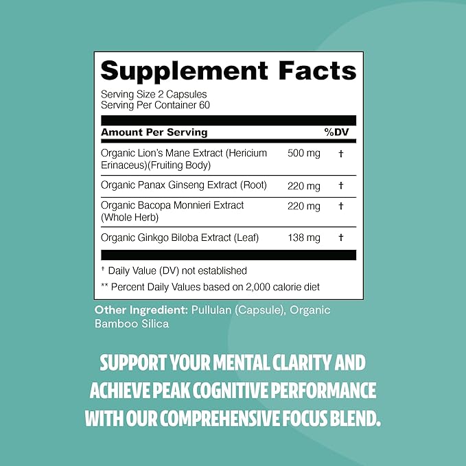 FreshCap 4-in-1 Focus Supplement - Supplements for Memory and Focus - Memory Supplement for Brain, Brain Booster Supplement, Lions Mane Extract, Ayurveda Ginseng (120 Capsules)