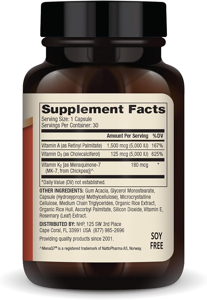 Dr. Mercola Vitamins ADK, 30 Servings (30 Capsules), Dietary Supplement, 5000 IU Vitamin A & Vitamin D3, 180 mcg Vitamin K2, Supports Immune Health, Non GMO