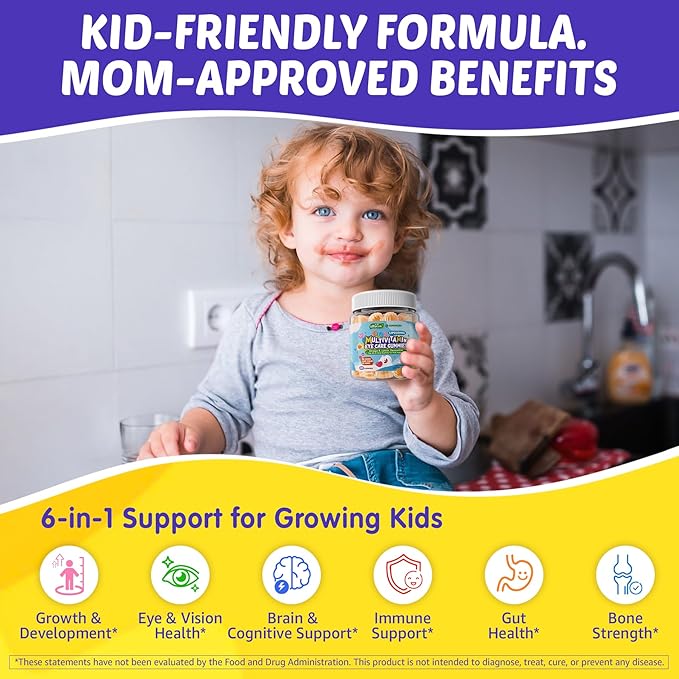 Kids Multivitamin Gummies with Omega-3 (DHA & EPA), Liposomal Multivitamin for Kids 4+ w/Vitamin D3, K2, Methylated B12, Folate, C, Probiotics, Lutein & Zeaxanthin for Brain, Immunity, Gut, Eye, 60Cts