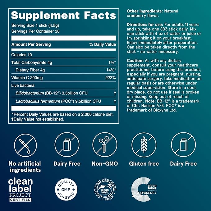 Puori Probiotics and Prebiotics Dietary Supplement - 13 Billion CFU x 30 Servings - Support Immune and Digestive Health - Fiber 4g, Vitamin C 200mg - SB3 Bifidobacterium, Lactobacillus Fermentum