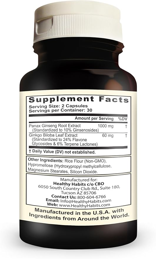 Healthy Habits G2 Maxum Extra Strength Panax Ginseng Plus Ginkgo Biloba Blended to Support Energy and Cognitive Function 60 Veg Capsules per Bottle
