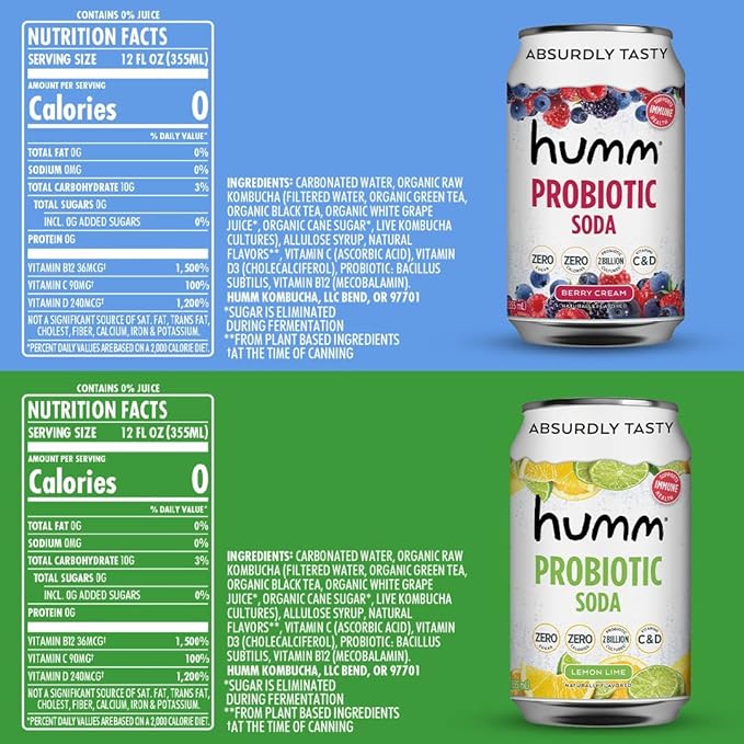 Humm Sparkling Probiotic Soda Variety Pack, Lemon Lime & Berry Cream, Zero Sugar, Zero Calorie, 2 Billion Probiotics, Vitamin C, D, and B12, 12 fl oz (12 Pack)