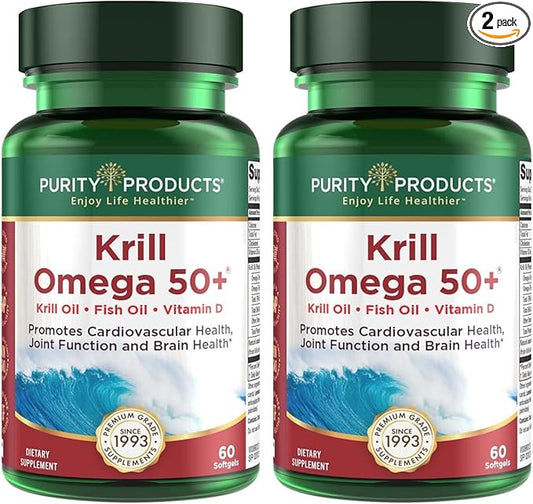 Purity Products Krill Omega 50 (Krill + Fish Oil Blend 1000mg + Astaxanthin 500mcg + Phospholipids 200mg + Vitamin D 500 IU) - 60 Mini Softgels (Pack of 2)