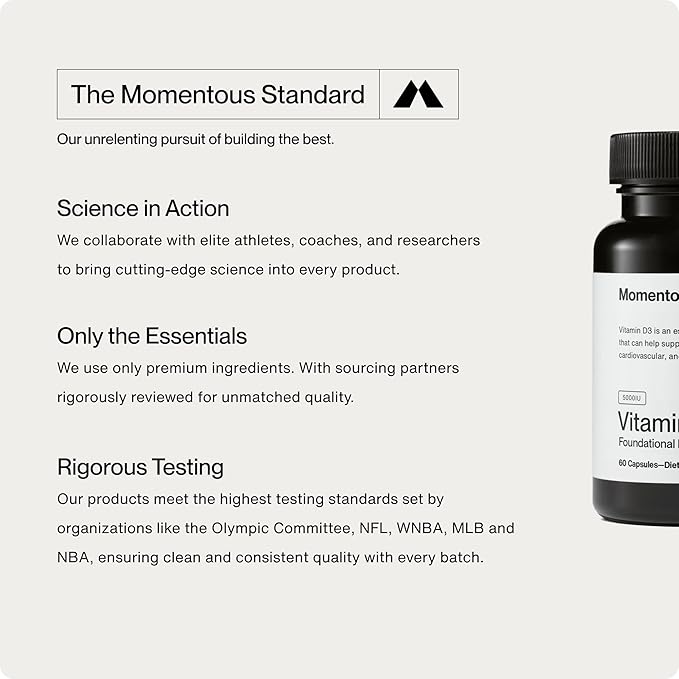 Momentous Vitamin D3 Supplement - 5,000 IU Capsules for Foundational Health Support - NSF Certified for Sport - Gluten-Free - 60 Servings