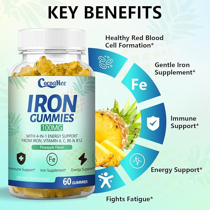 2 Pack 100MG Iron Supplements Gummies for Women & Men - Vitamin C, A, B12 - Complex, Improve Absorption, Energy Boost, Iron Deficiency, Anemia for Adults & Kids - Complex Folate, Zinc, 120Cts