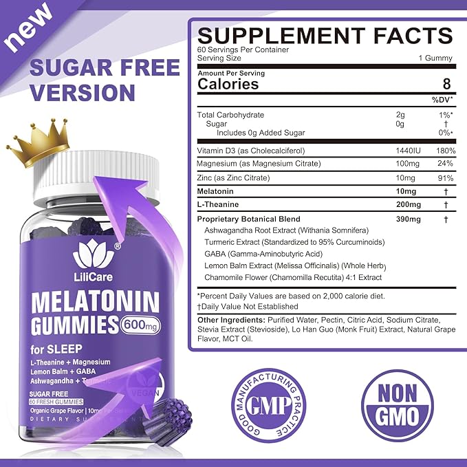 Melatonin Gummies 10mg 20mg for Adults, Extra Strength with L-Theanine, Ashwagandha, Magnesium, Turmeric, GABA, Lemon Balm and Chamomile for Supports Health Circadian Rhythm, Vegan Grape Flavor