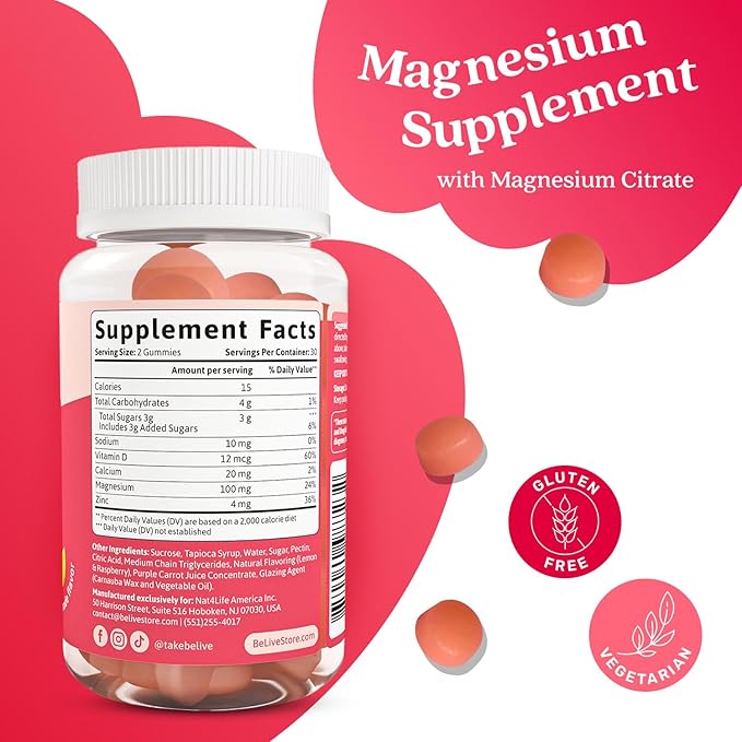 BeLive Magnesium Citrate Gummies with Calcium and Zinc for Adults and Kids - High Absorption Magnesium Supplement for Cognitive, Bone, Muscle and Nerve Health - Raspberry Lemonade - 60 Count