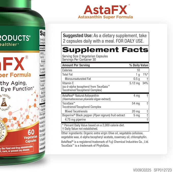 Purity Products AstaFX Astaxanthin Antioxidant Super Formula from Clinically Tested 4 mg AstaREAL with Tocotrienols (Vitamin E) + BioPerine Black Pepper + Piperine - 60 Vegetarian Caps