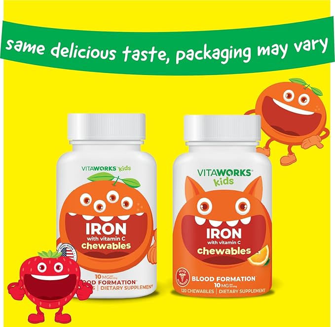 Kids Iron 10mg with Vitamin C 50mg Chewable Tablets - Tasty Natural Flavored - Vegan, Vegetarian, GMO-Free, Nut Free - Dietary Iron Supplement - Blood Formation for Children - 120 Chewables