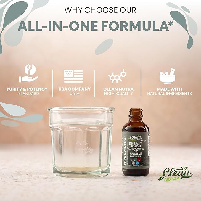 Clean Nutraceuticals Shilajit Liquid Drops with Sea Moss, Ashwagandha, Zinc, Magnesium, Liquid Vitamins for Women and Men - Terra Mineral