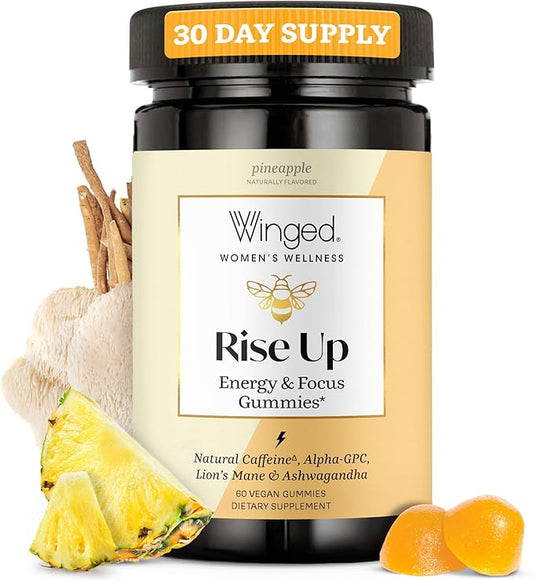 Winged Wellness Rise Up, Energy & Focus Gummies for Women - Daily Brain Boost Gummy Supplement with Natural Caffeine, Ashwagandha, B12, Nootropics Alpha-GPC & Lion’s Mane - Pineapple, 60 Gummies