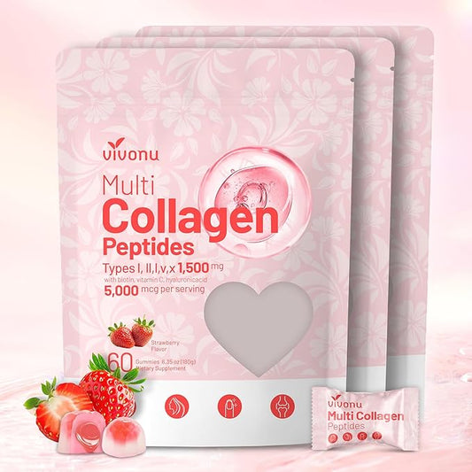 Multi Collagen Peptides Gummies for Women & Men Sugar-Free, Multi Collagen Hydrolyzed Protein Type I,II,III,V,X, Biotin, Methylated B12, Vitamin C A E D3 B6 for Skin Hair Nails, Bone
