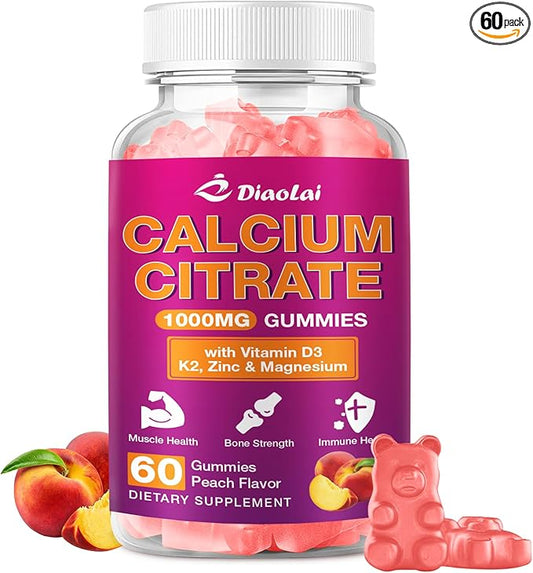 Calcium Citrate Gummies - 1000mg per Serving - Supports Bone & Teeth Health with Vitamin D3 & K2 - Delicious Peach Flavor - Non-GMO, Gluten-Free - 60 Gummies