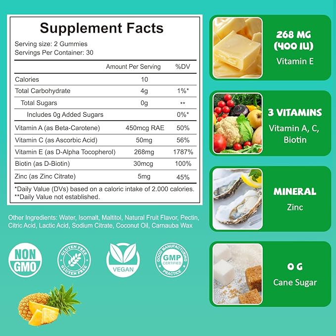 Vitamin E 400 IU Gummies for Women, Vitamin E Chewable Supplement with VIT A, C, Biotin, Zinc, Powerful Antioxidant, Skin & Hair Health, 60 Count