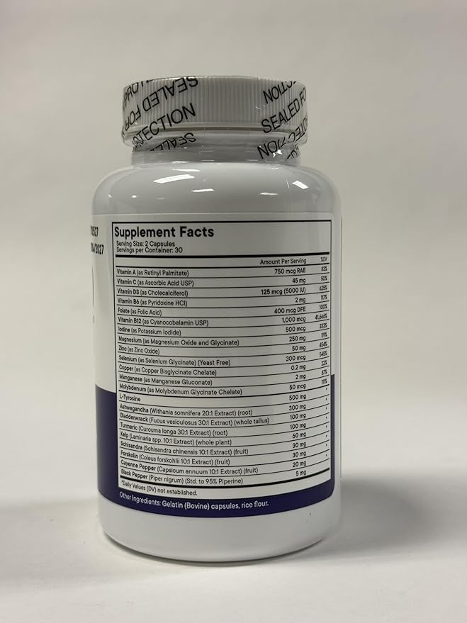 Thyroid Support Supplement for Women & Men with Iodine, B12, Zinc, Selenium, Ashwagandha, Bladderwrack, Turmeric, Schisandra - Non-GMO, Vegetarian - 180 Count