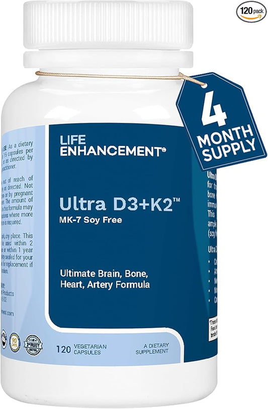 Life Enhancement Vitamin D3 K2 2000iu Supports Muscle & Brain Health - D3 K2 Supplement Helps in Immune and Cardiovascular Support - Made in USA (120 Vegetarian Capsules)