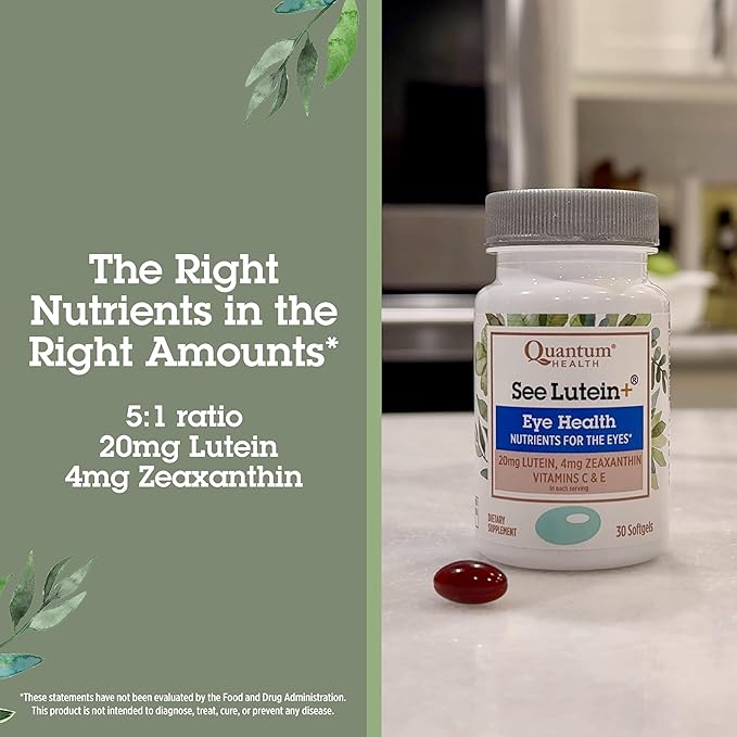 Quantum Health See Lutein+ Eye Care Supplement Helps Support Overall Eye Health As You Age - Lutein 20mg Zeaxanthin Plus Vitamins C & E Daily Nutrition for Women & Men - 30 Softgels