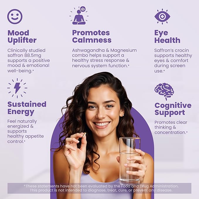 Saffron Supplement 88.5 mg with Ashwagandha & Magnesium Glycinate, Mood, Eye Health & Relaxation, 60 Clean Capsules, Saffron Stigma Extract, Made in USA
