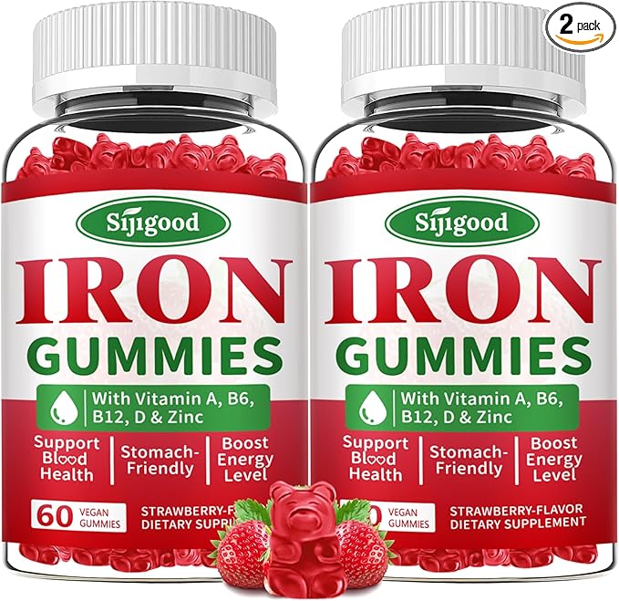 2 Pack Iron Gummies for Women & Men - Vegan Iron Supplement for Anemia & Iron Deficiency, with Vitamin B12, Vitamin C, Zinc, Folate - Energy Boost, Sugar-Free, Strawberry Flavor, 120 Count