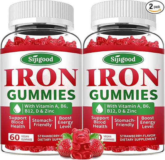 2 Pack Iron Gummies for Women & Men - Vegan Iron Supplement for Anemia & Iron Deficiency, with Vitamin B12, Vitamin C, Zinc, Folate - Energy Boost, Sugar-Free, Strawberry Flavor, 120 Count