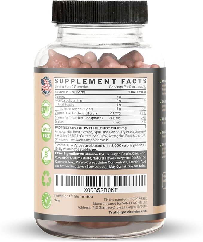 TruHeight Growth Gummies (Watermelon) Natural Growth & Development Supplement for Kids & Teens - Vitamin D, K, Calcium & Ashwaganda - Bone Strength Vitamins, Picky Eater Ages 5+ (Pack of 2) 120 Count