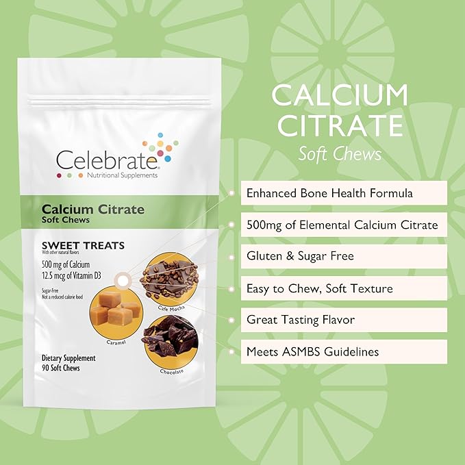 Celebrate Vitamins Bariatric 500mg Calcium Citrate Soft Chews with 500 IU Vitamin D3 – Essential for Gastric Bypass Patients & Bone Health - Sugar & Gluten Free, Sweet Treat (90 Chews)