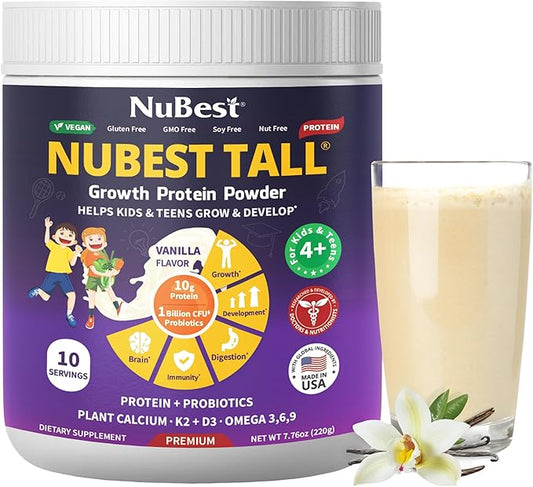 NuBest Tall Vanilla Plant-Based Protein Powder for Kids & Teens - Healthy & Immunity with Probiotics, Omega 3-6-9, Vitamin D3 + K2, Calcium & Vitamins - 10 Servings | 2 Week Supply