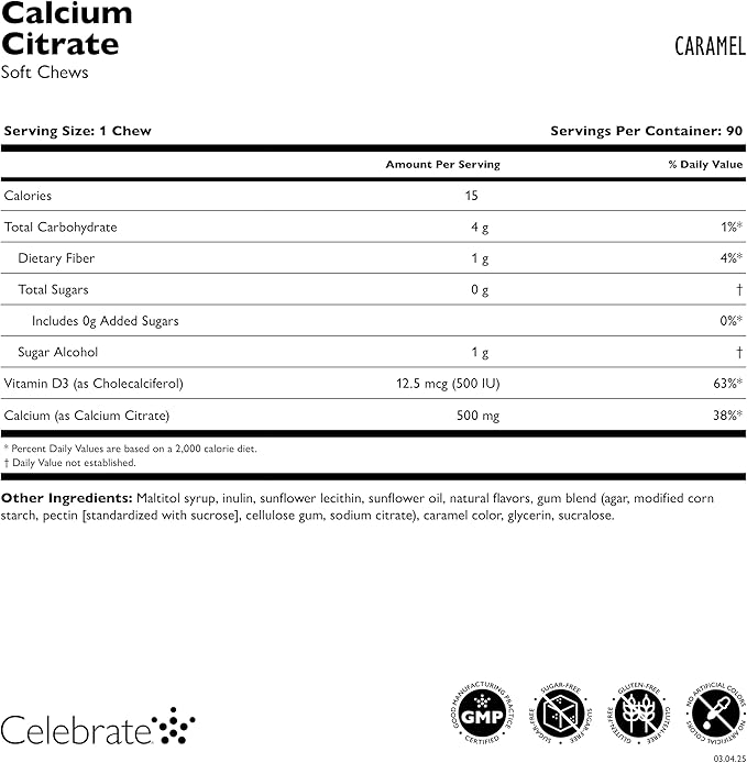 Celebrate Vitamins Bariatric 500mg Calcium Citrate Soft Chews with 500 IU Vitamin D3 – Essential for Gastric Bypass Patients & Bone Health - Sugar & Gluten Free, Caramel (270 Chews)