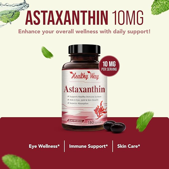 Easy Absorption Astaxanthin Supplement - 10mg Astaxanthin from Haematococcus Pluvialis Fresh Microalgae for Skin and Eye Health Support - Rich in Antioxidants and Carotenoids (180 Servings)