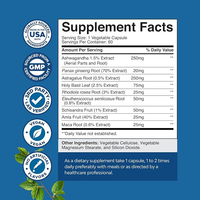 Herbal Adaptogen Mood Support Supplement - Calming Adaptogens Supplement for Stress & Cortisol Management with Ashwagandha Rhodiola Rosea & Maca Root - Vegan Non GMO & Daytime Friendly - 60ct