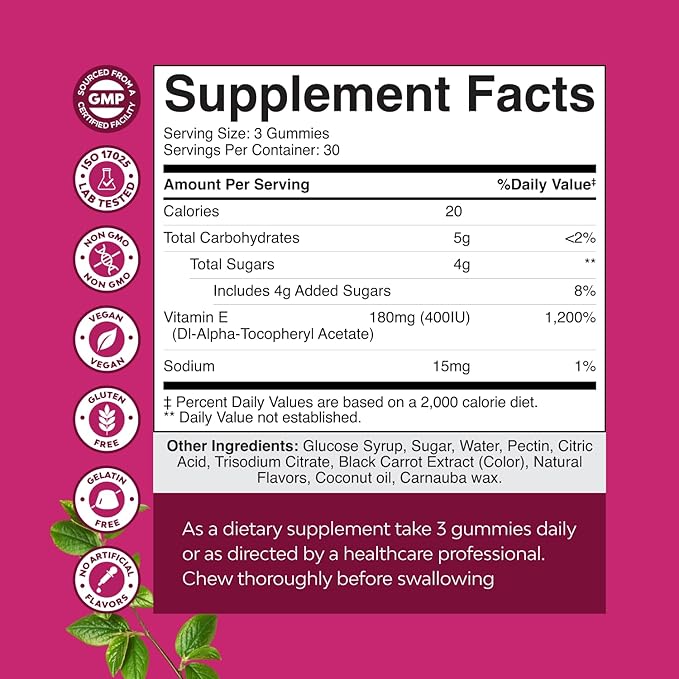 Natures Craft Vitamin E Gummies for Skin Care - High-Potency Vitamin E 400 IU Skin Supplement - Delicious & Easy-to-Take Supplement Promote Health Immune Support & Cellular Protection (1 Month)