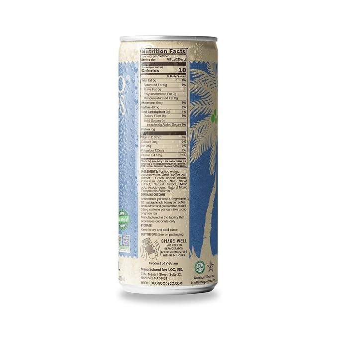 CocoGoodsCo Antioxidant Drink with Coconut Water, Original – 35mg Natural Caffeine, 0g Sugar, Naturally Sweetened, 10 Calories, with Green Coffee & Vitamin E – 8.11 fl oz Cans (12 Pack)