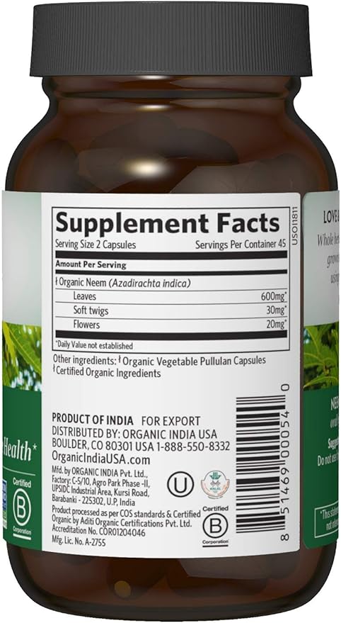 ORGANIC INDIA Neem Leaf Capsules, Herbal Supplement - Supports Skin, Immune, & Liver Health, Detox, Vegan, Gluten-Free, USDA Certified Organic - 90 Capsules (2-Pack)