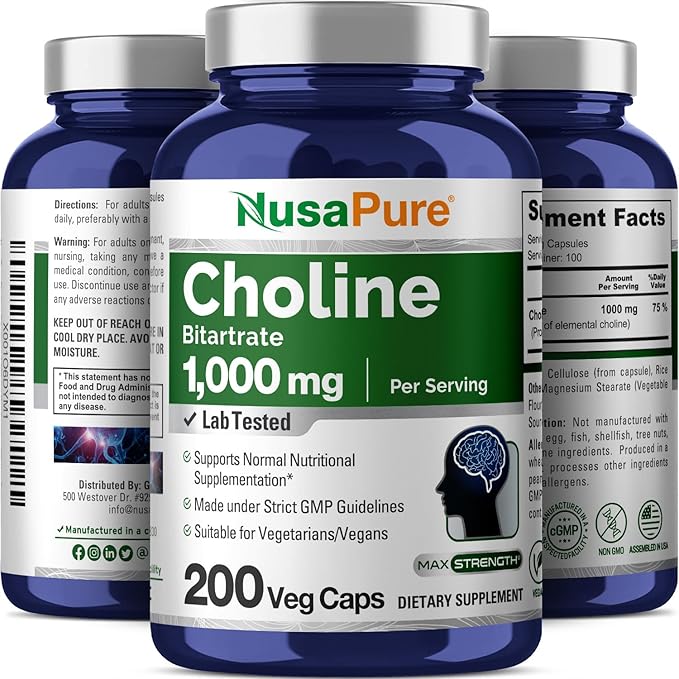 NusaPure Choline Bitartrate 1000 mg 200 Veggie Capsules (Vegan Vegetarian, Non-GMO)