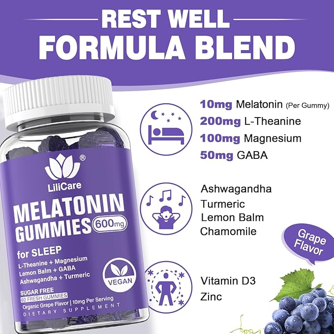 Melatonin Gummies 10mg 20mg for Adults, Extra Strength with L-Theanine, Ashwagandha, Magnesium, Turmeric, GABA, Lemon Balm and Chamomile for Supports Health Circadian Rhythm, Vegan Grape Flavor