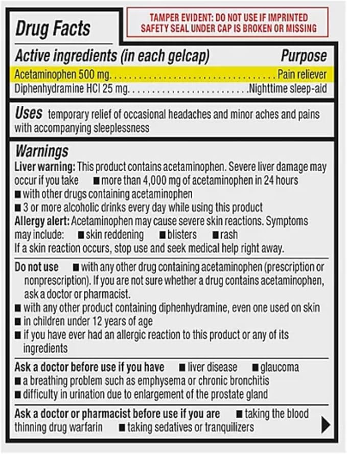 Acetaminophen PM Extra Strength 375 Gelcaps| Pain Reliever & Fever Reducer for Migraines, Joint, Muscle or Back, and Menstrual Pain - Extra Strength Acetaminophen PM, 500mg - 375 Gelcaps (Pack of 1)