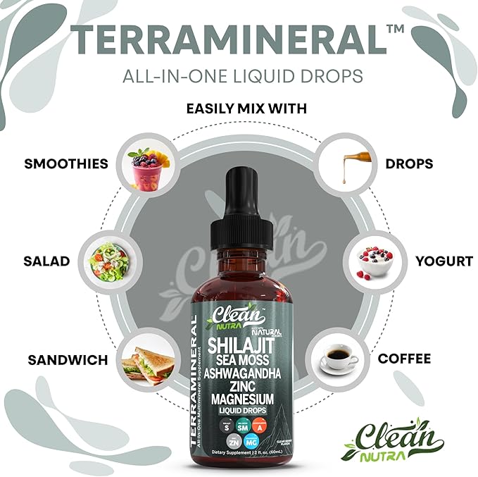 Clean Nutraceuticals Shilajit Liquid Drops with Sea Moss, Ashwagandha, Zinc, Magnesium, Liquid Vitamins for Women and Men - Terra Mineral