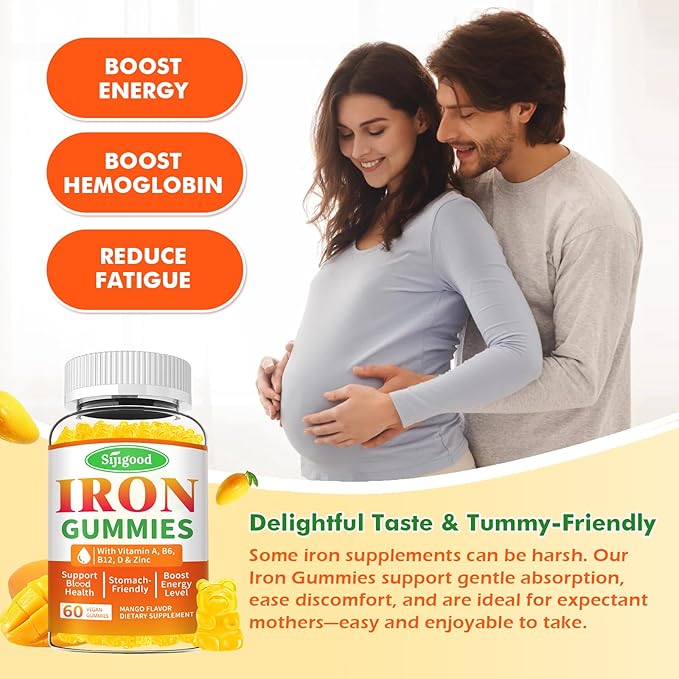 2 Pack Iron Gummies for Women & Men - Vegan Iron Supplement for Anemia & Iron Deficiency, with Vitamin B12, Vitamin C, Zinc, Folate - Energy Boost, Sugar-Free, Mango Flavor, 120 Count