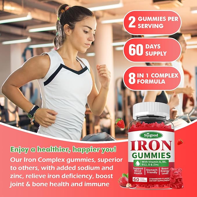 2 Pack Iron Gummies for Women & Men - Vegan Iron Supplement for Anemia & Iron Deficiency, with Vitamin B12, Vitamin C, Zinc, Folate - Energy Boost, Sugar-Free, Strawberry Flavor, 120 Count